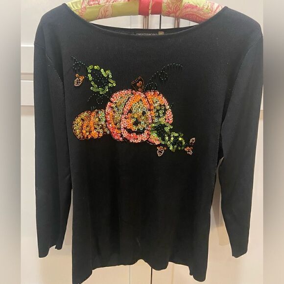 Sweaterworks Sweater Size L Sequins Pumpkin Black Long Sleeve Fall Halloween - Picture 1 of 8
